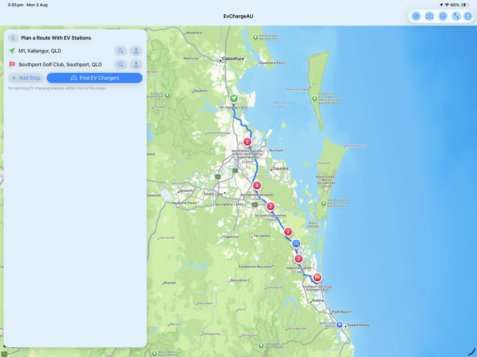EvChargeAU route planner on iPad