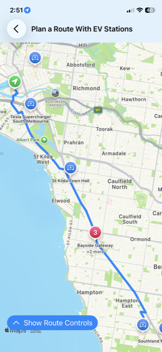 EvChargeAU route planner on iPhone