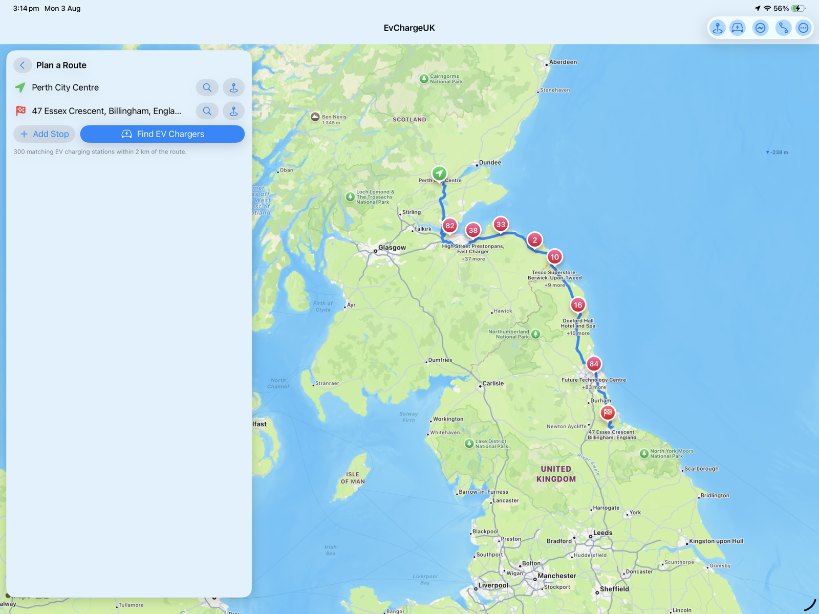 EvChargeUK route planner on iPad