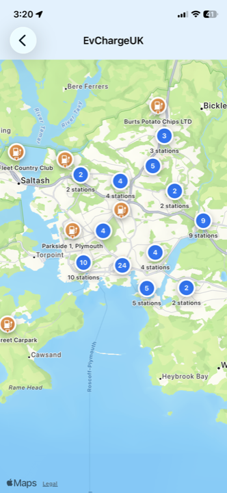 EvChargeUK charging station map on iPhone