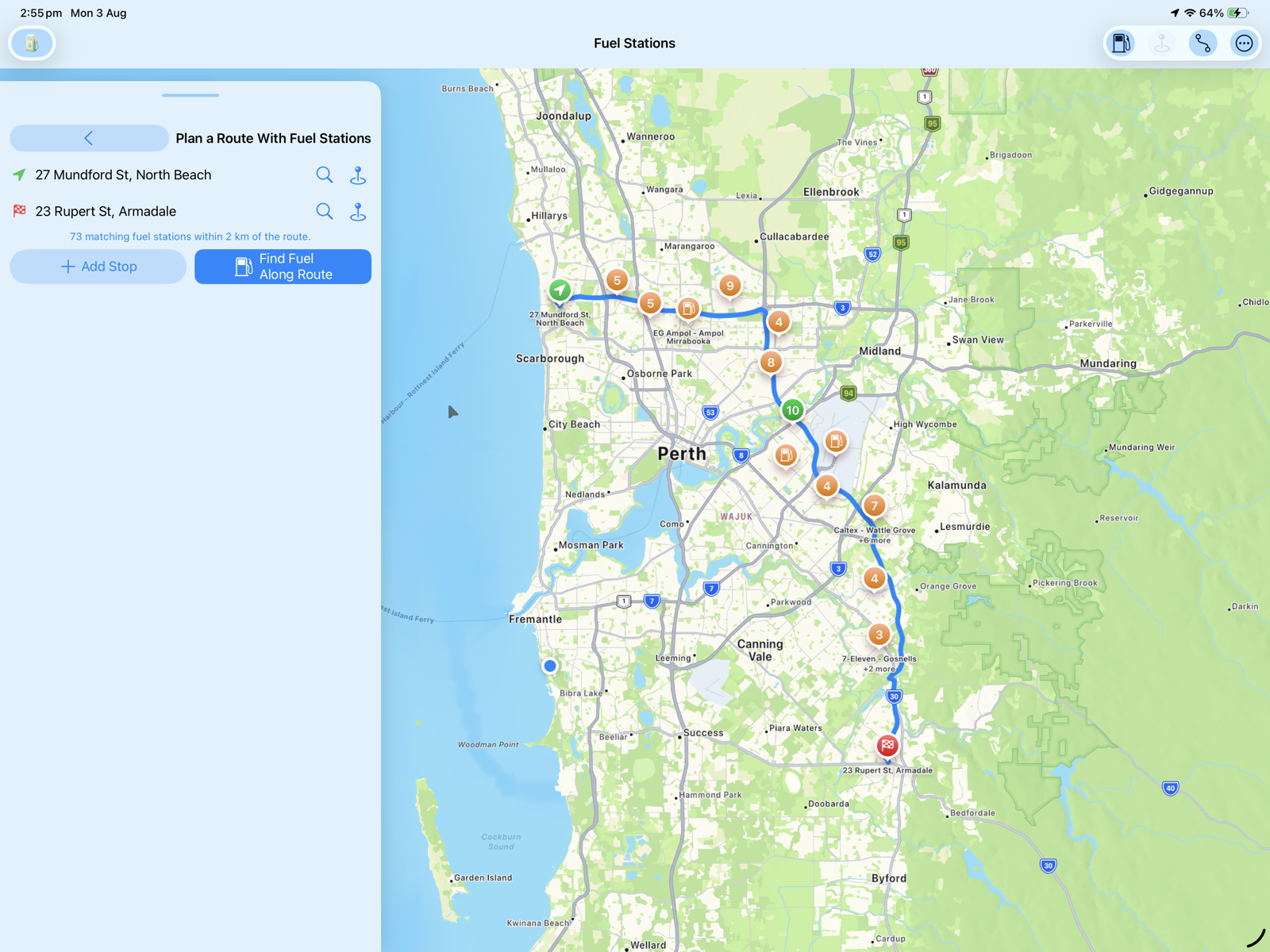 FuelMapWA route planner on iPad