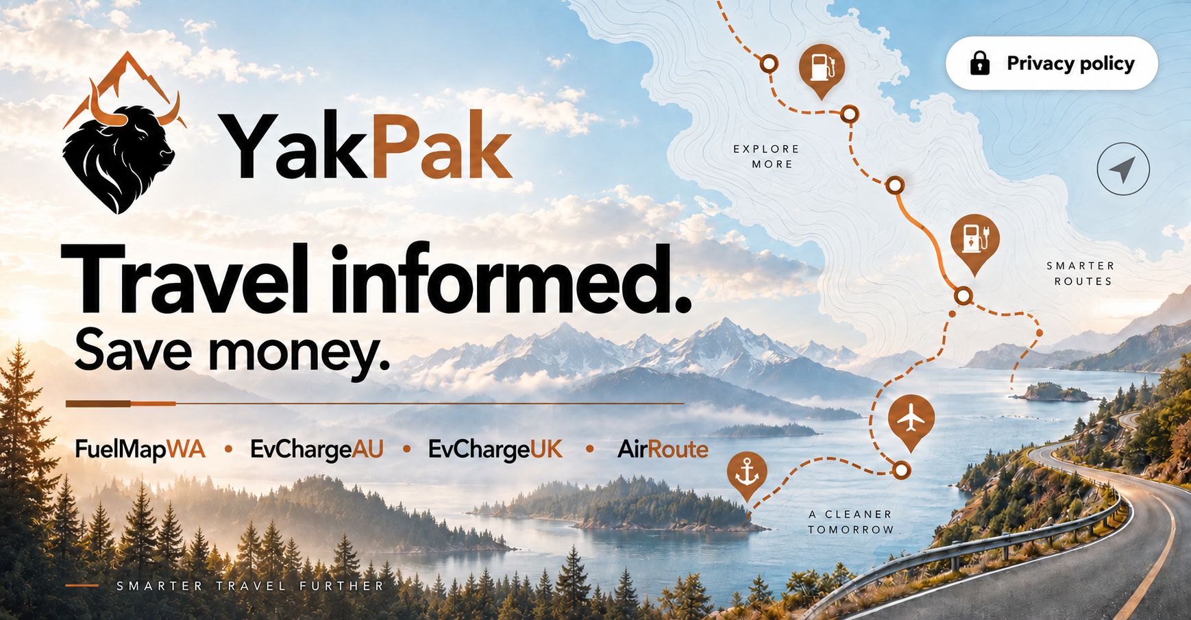 YakPak. Travel informed. Save money. Mountain lakes, a coastal road and an anchor pin on the water.